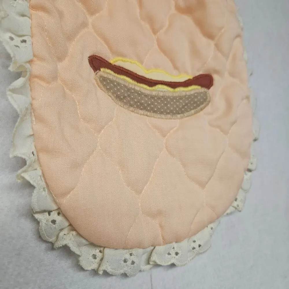 Handmade Hot Dog Peach Quilted Baby Bib Ruffle Lace Trim Satin Bow Vintage
